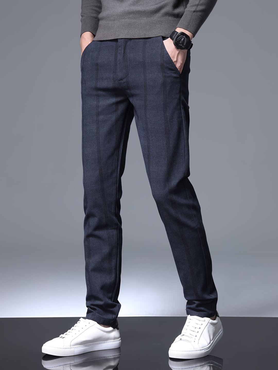 Retro Style Checkered Men's Casual Long Slim Fit Pants With Multi Pocket, Spring Fall Outdoor
