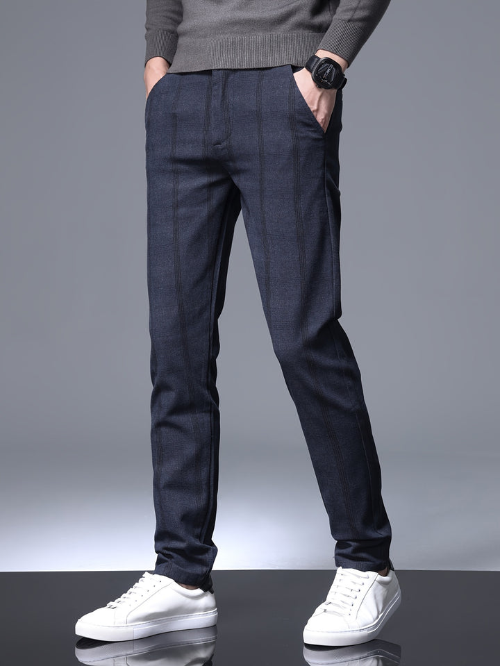 Retro Style Checkered Men's Casual Long Slim Fit Pants With Multi Pocket, Spring Fall Outdoor