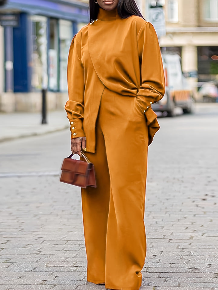 Plus Size Casual Outfits Set, Women's Plus Solid Button Detail Long Sleeve Turtleneck Wrap Hem Top & Pants Outfits 2 Piece Set