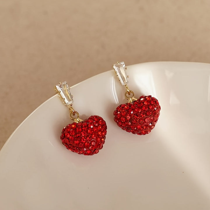 Red Love Earrings Big Red Heart-shaped Imitation Diamond Pendant Light Luxury High-end Earrings Christmas High-end Earrings Gift Jewelry For Women
