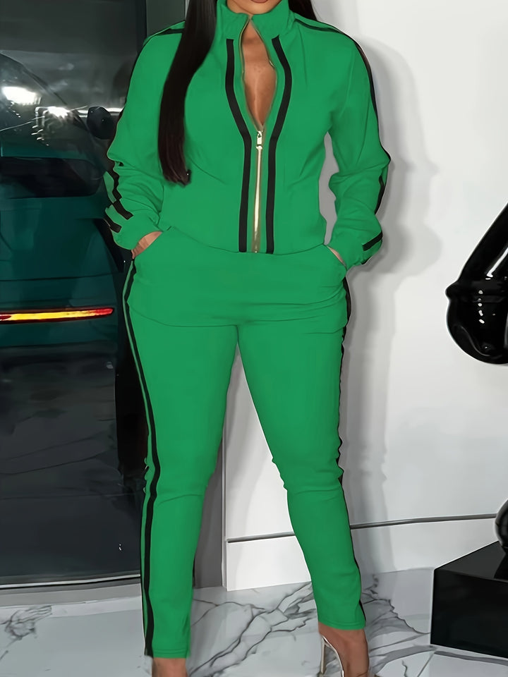 Plus Size Casual Outfits Two Piece Set, Women's Plus Stripe Print Zip Up Long Sleeve High Neck Jacket & Pants Outfits 2 Piece Set