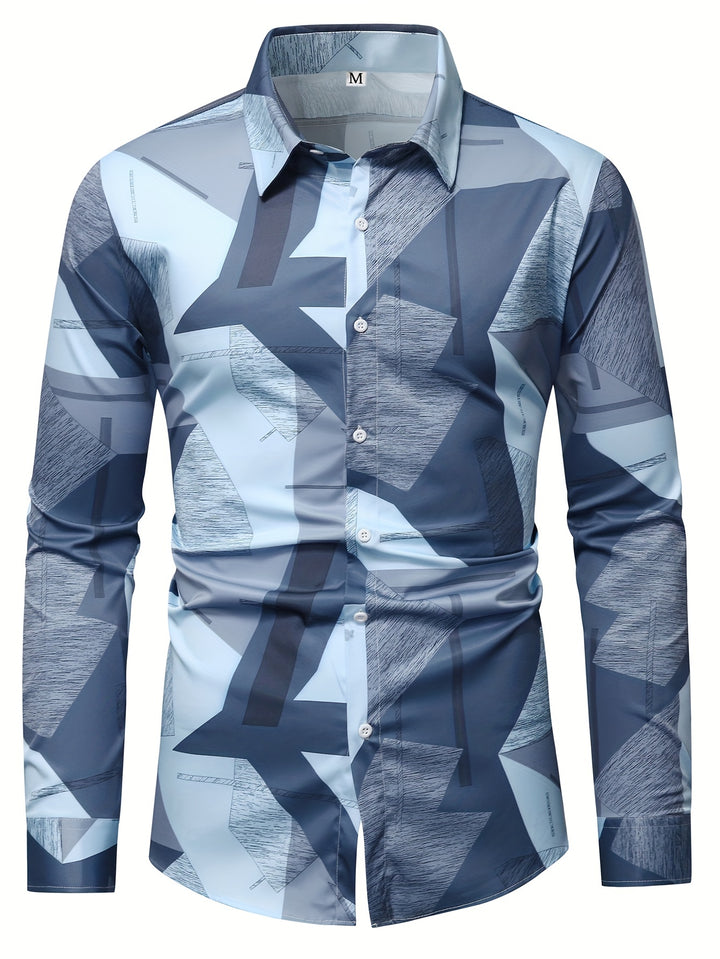 Fashion Geometric Pattern Men's Casual Long Sleeve Button Up Shirt, Spring Fall