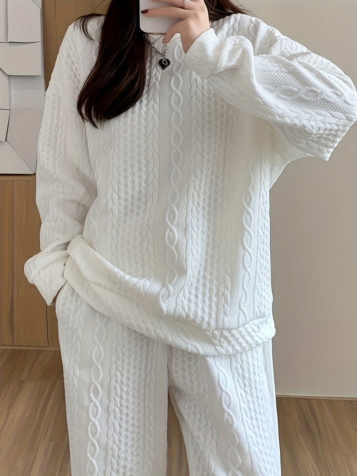 Textured Two-piece Set, Casual Long Sleeve Sweatshirt & Dual Pockets Pants Outfits, Women's Clothing