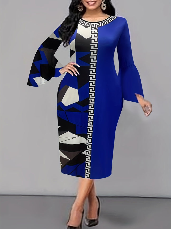 Stylish Plus Size Dress for Women, Colorblock Geometric Print with Bell Sleeves and Medium Stretch Fit