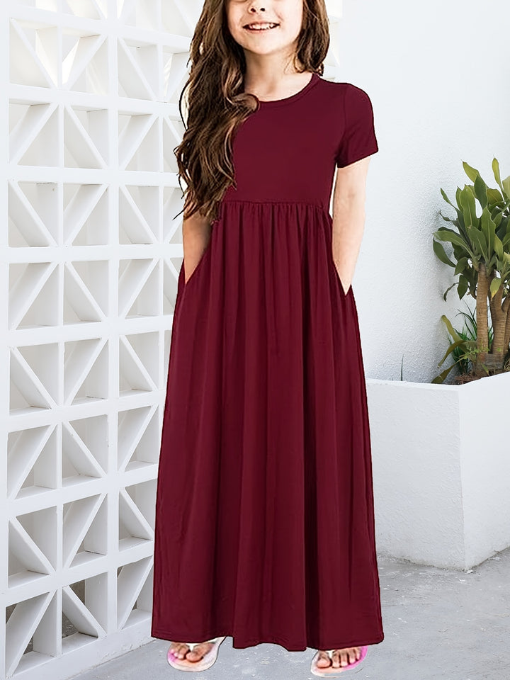 Girls Elastic Waist Short Sleeve Casual Maxi Dress With Side Pockets