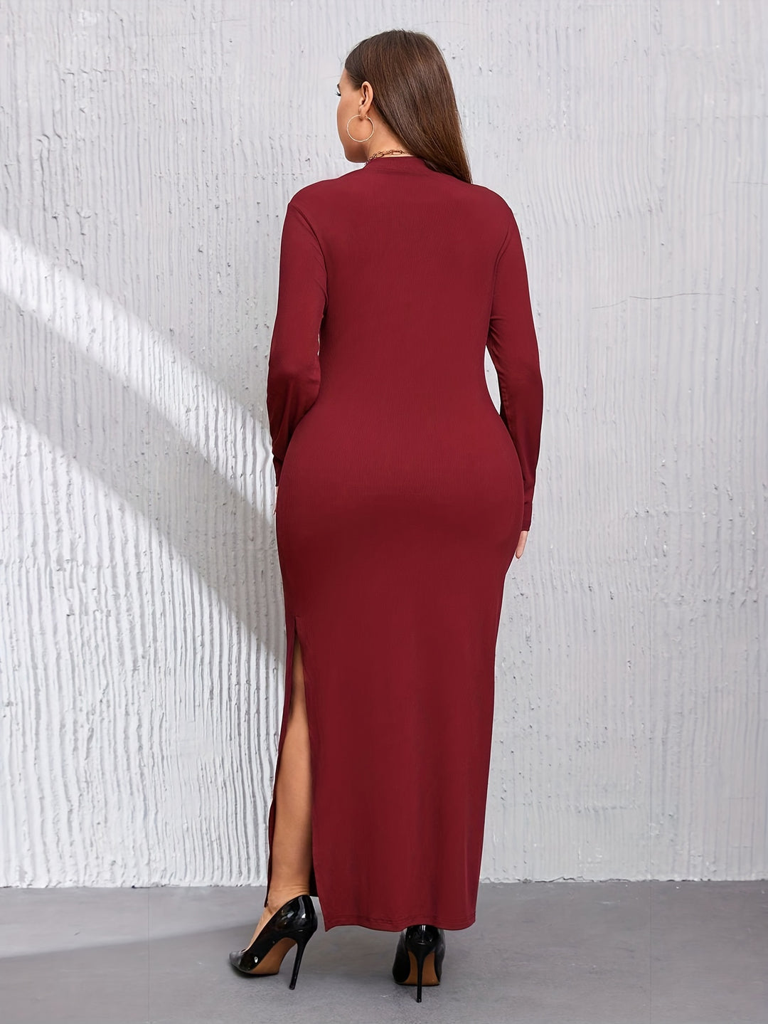 Elegant Plus Size Dress for Women - Long Sleeve Bodycon with Side Split and Mock Neck