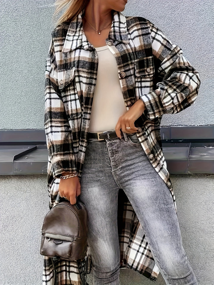 Plaid Print Long Length Jacket, Casual Button Front Flap Pockets Outwear, Women's Clothing