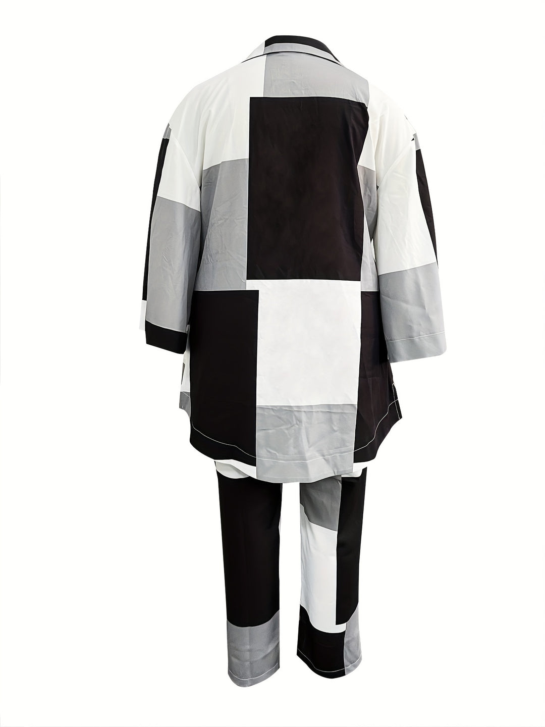 Plus Size Elegant Outfits Set, Women's Plus Colorblock Bell Sleeve V Neck Top & Pants Outfits Two Piece Set