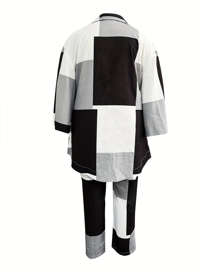 Plus Size Elegant Outfits Set, Women's Plus Colorblock Bell Sleeve V Neck Top & Pants Outfits Two Piece Set