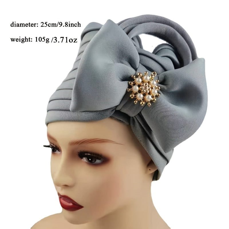 Faux Pearl Alloy Decor Turban Cap Elegant Bow Bandana Multi Layer Wrinkled Trendy Adjustable Hijab Women Hair Accessories