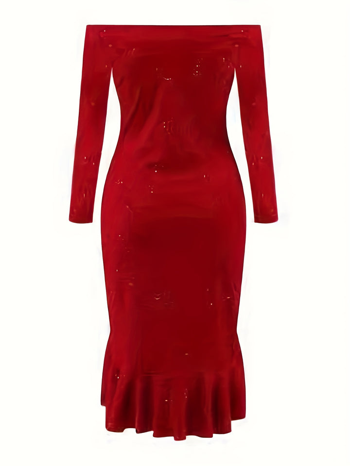 Plus Size Sexy Dress, Women's Plus Solid Rhinestone Decor Off Shoulder Long Sleeve Ruffle Trim Bodycon Mermaid Dress