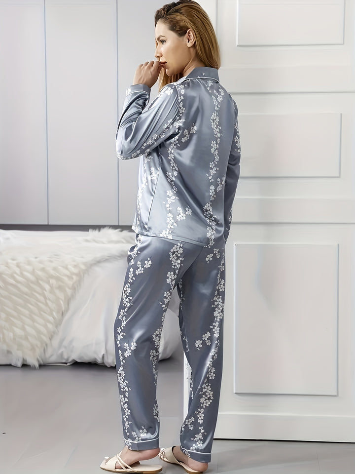 Floral Print Pajama Set, Short Sleeve Buttons Top & Elastic Waistband Pants, Women's Sleepwear & Loungewear