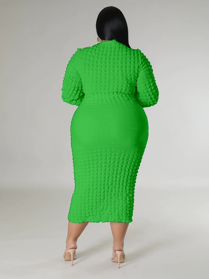 Plus Size Casual Dress, Women's Plus Solid Crinkle Long Sleeve High Neck Slim Fit Midi Dress