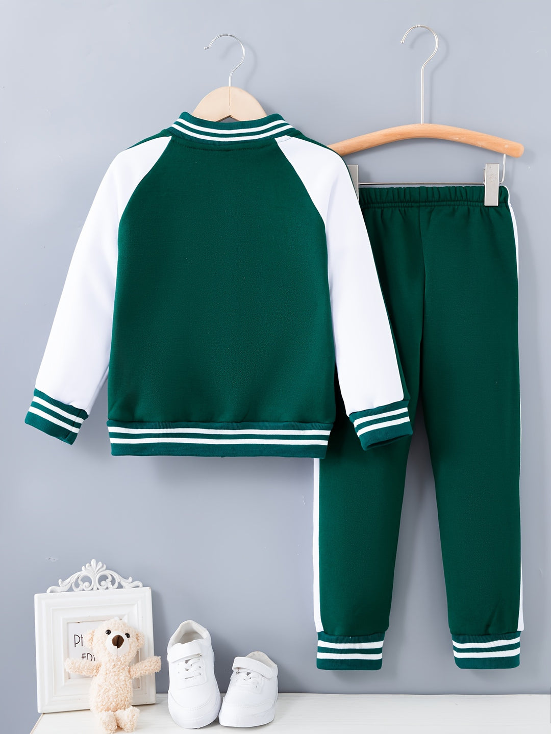 2pcs Boy's Varsity Jacket Outfit, Button Front Coat & Sweatpants Set, Color Clash Bomber Jacket, Kid's Clothes For Spring Fall Winter