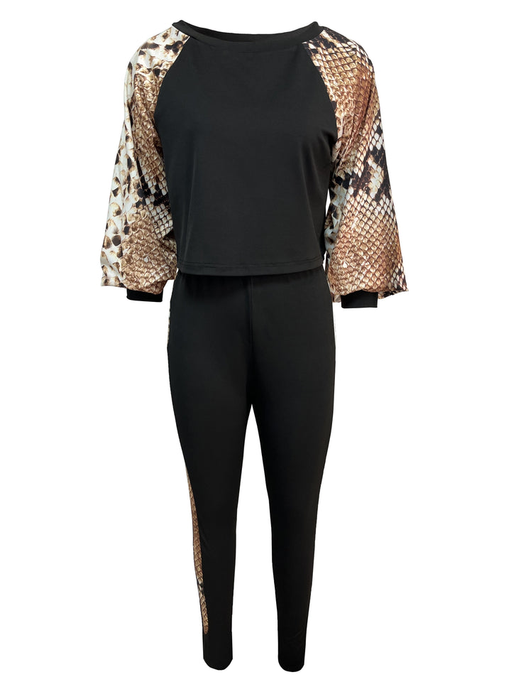 Graphic Print Splicing Two-piece Set, Crew Neck Long Sleeve Tops & Slim Long Length Leggings Outfits, Women's Clothing