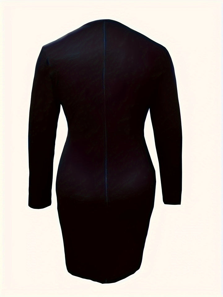 Plus Size Elegant Dress, Women's Plus Polka Dot Graphic Long Sleeve Notched Neck Bodycon Dress