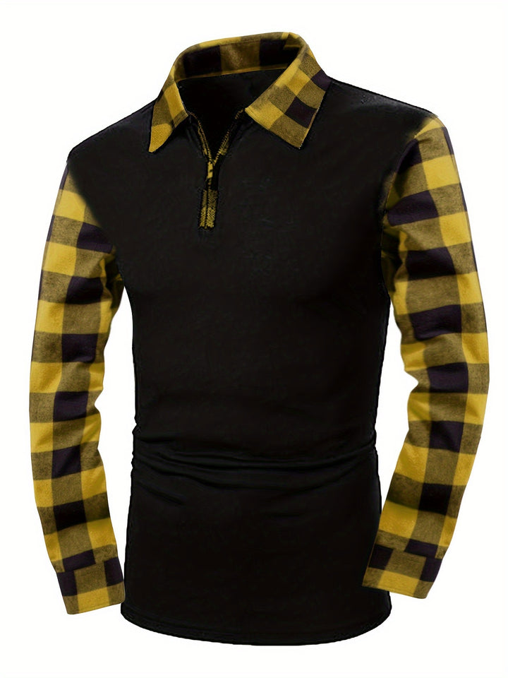 Retro Plaid Shirt, Men's Casual V-Neck Pullover Long Sleeve Rugby Shirt For Winter Fall, Men's Clothing
