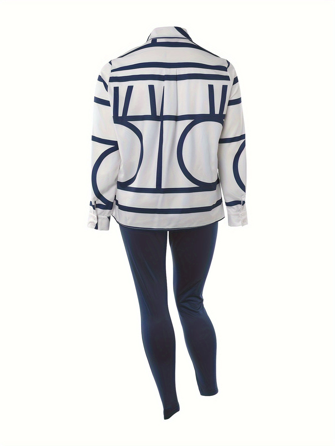 Plus Size Geometric Print Two-piece Set, Collared Long Sleeve Button Shirt & Skinny Pants Outfits, Women's Plus Size Clothing