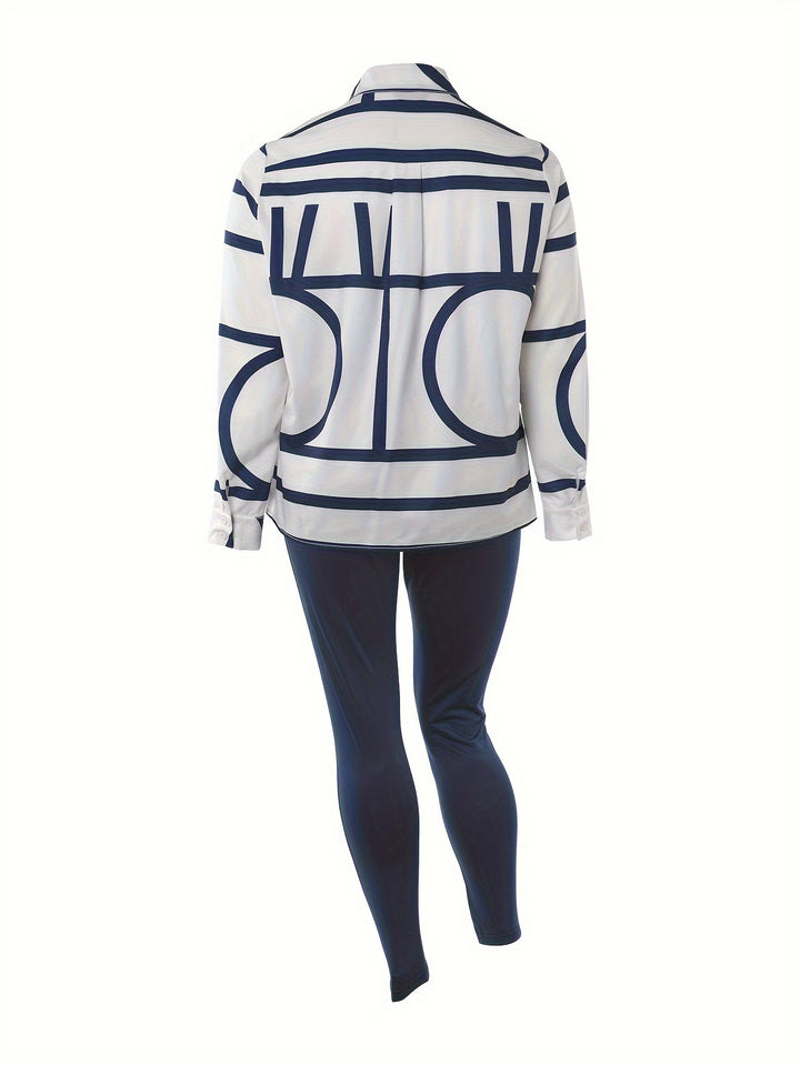 Plus Size Geometric Print Two-piece Set, Collared Long Sleeve Button Shirt & Skinny Pants Outfits, Women's Plus Size Clothing