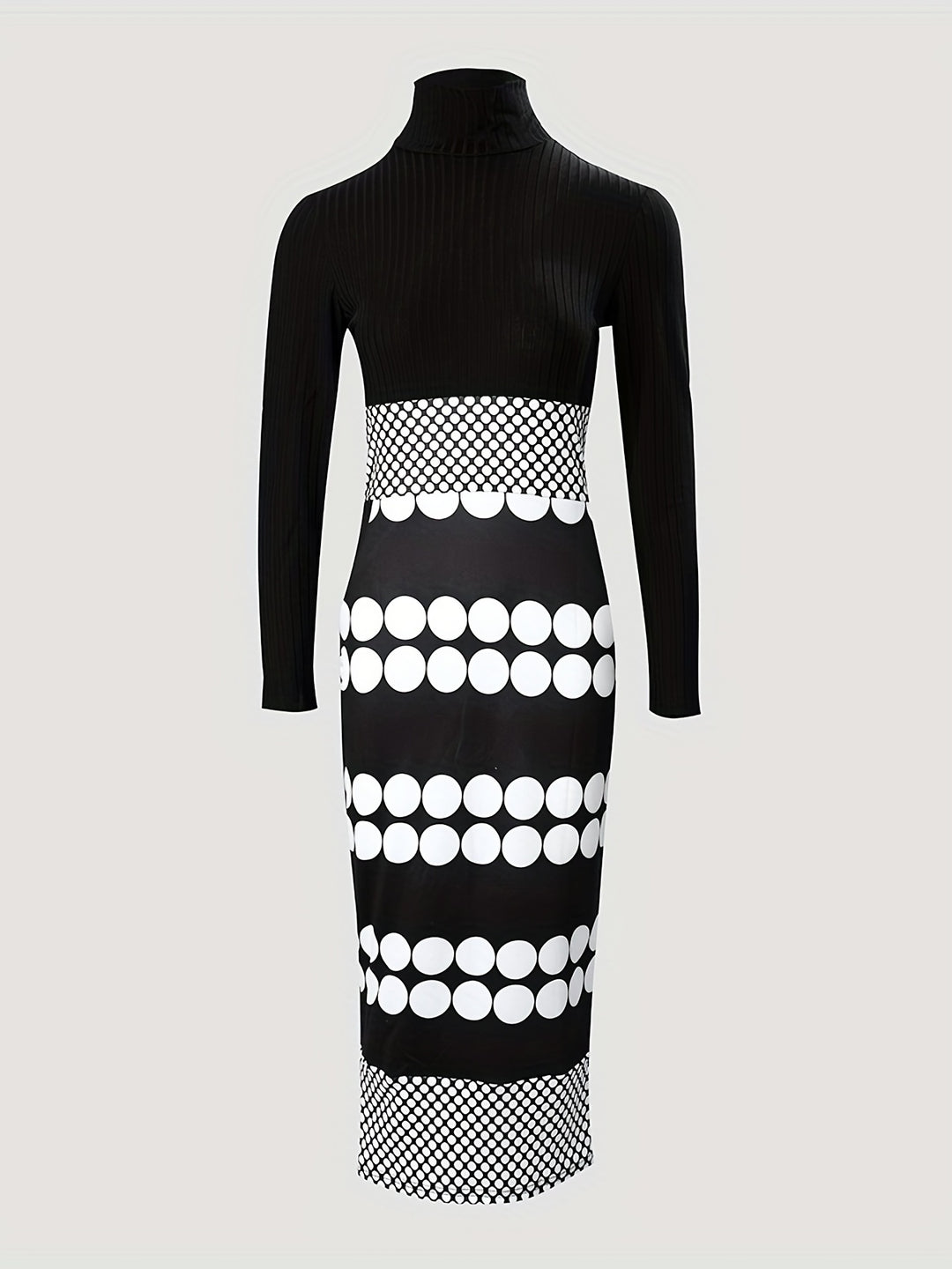 Polka Dot Print Split Dress, Elegant High Neck Long Sleeve Dress, Women's Clothing