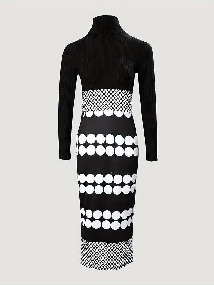 Polka Dot Print Split Dress, Elegant High Neck Long Sleeve Dress, Women's Clothing