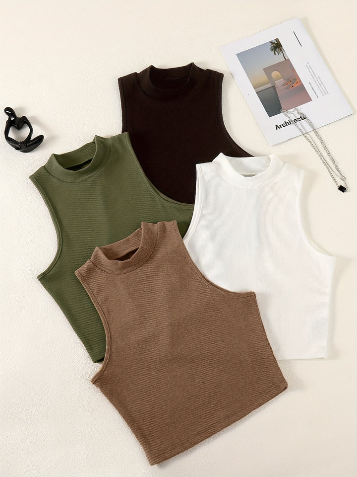 Solid Summer 4pcs Tank Tops, Casual Crew Neck Sleeveless Knit Tank Tops, Women's Clothing