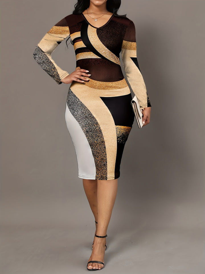 Color Block Long Sleeve Sheath Dress, Casual V Neck Slim Dress For Spring & Fall, Women's Clothing