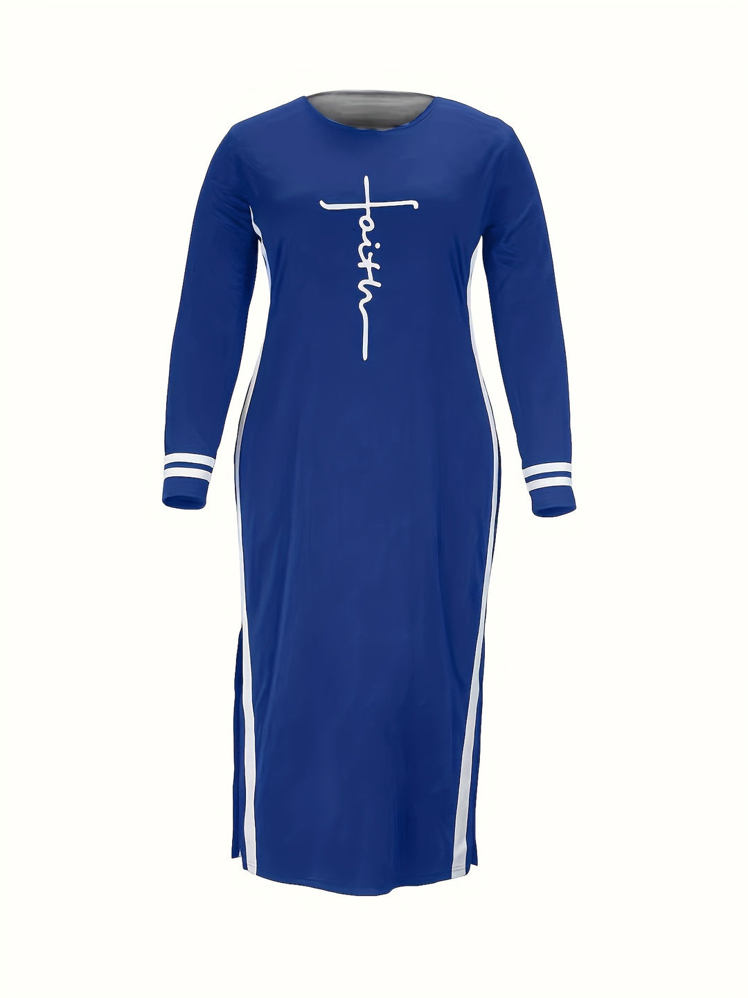 Stylish Plus Size Dress for Women - Cross Letter & Stripe Print Long Sleeve Split Dress