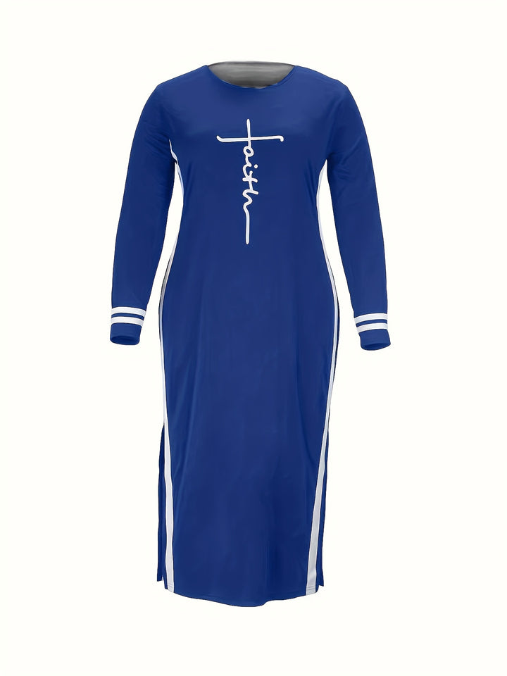 Stylish Plus Size Dress for Women - Cross Letter & Stripe Print Long Sleeve Split Dress