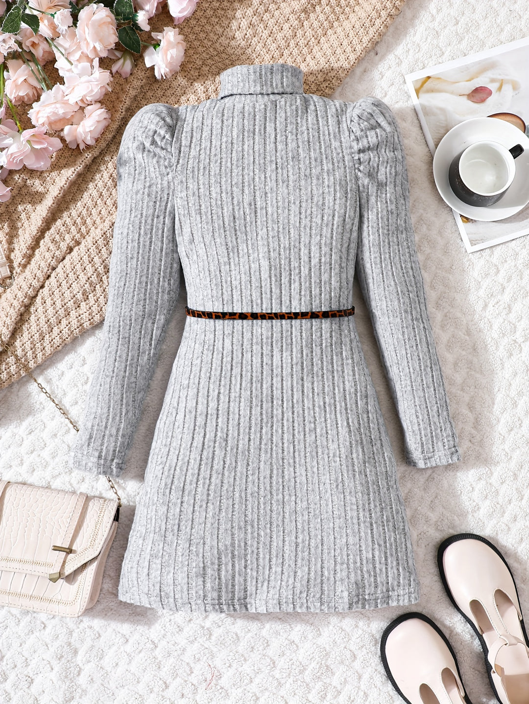 Elegant Ribbed Knit Dress With Belt, Girls, High Neck Long Sleeve Dresses For Autumn / Winter, Gift, Party, Girls' Clothing