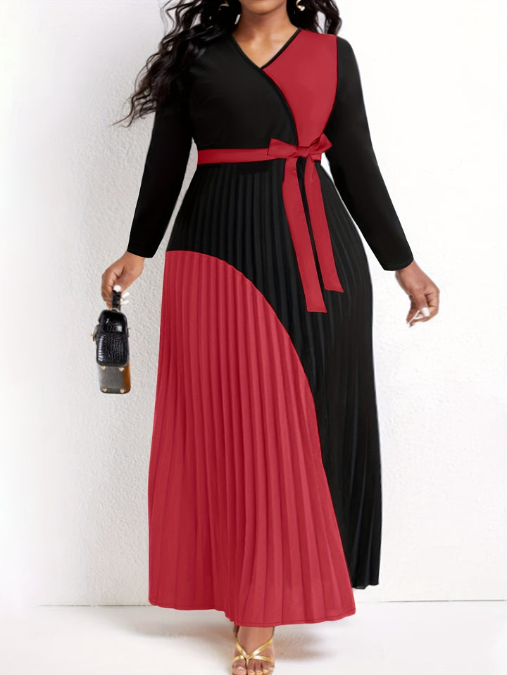 Plus Size Casual Dress, Women's Plus Colorblock Long Sleeve Surplice Neck Pleated Maxi Dress With Belt