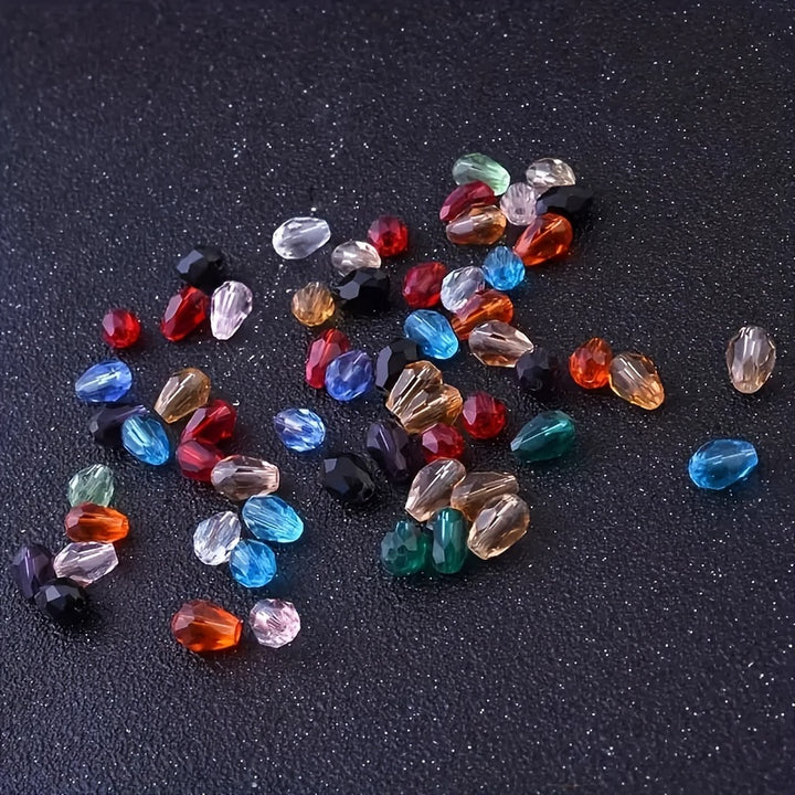 70pcs 6*8mm Transparent Colorful Teardrop Shape Imitation Crystal Loose Beads Faceted Spacer Beads Charms For Bracelet Necklace DIY Crafting Jewelry Accessory Making Supplies