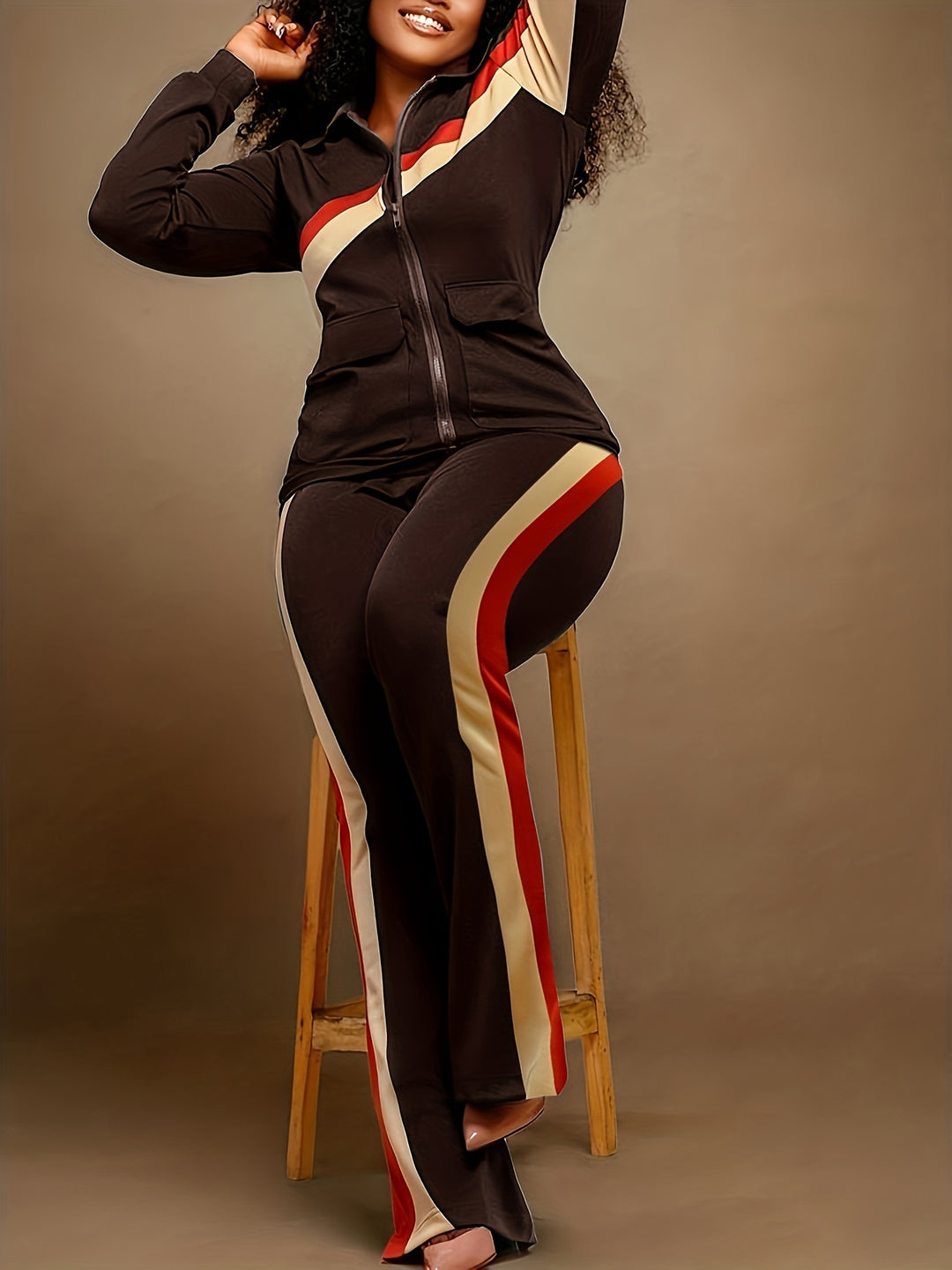 Plus Size Striped Print Jacket & Pants Set, Women's Plus Slight Stretch 2pcs Casual Set Outfits