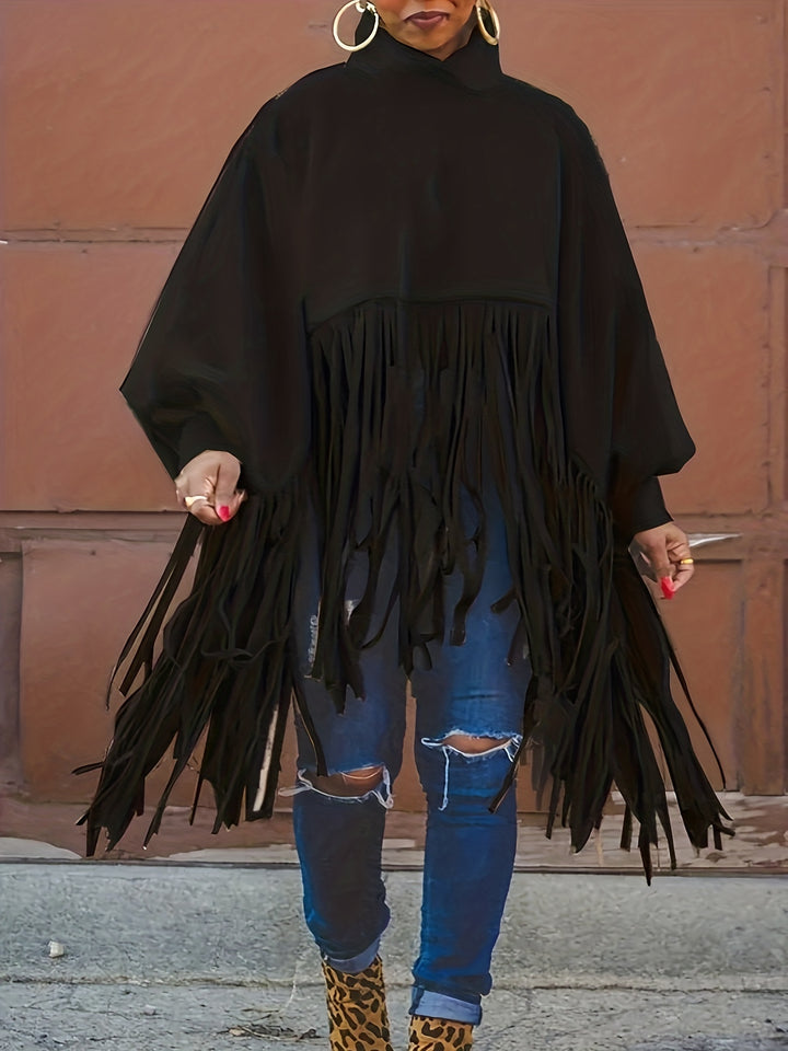 Plus Size Trendy Top, Women's Plus Solid Batwing Sleeve Mock Neck Fringe Trim Cloak Top