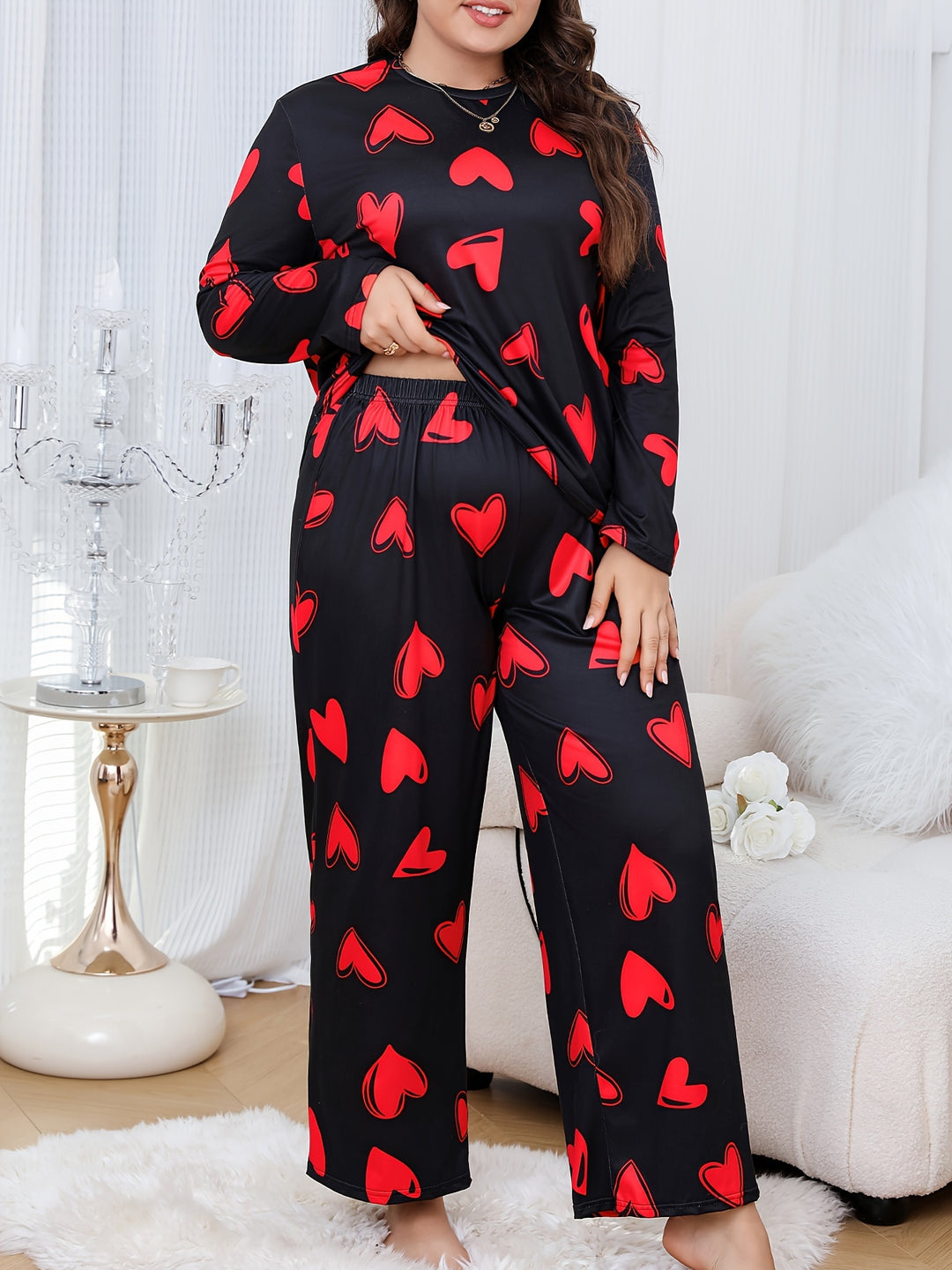 Women's Valentine's Day Casual Pajamas Set, Plus Size Heart Print Long Sleeve Medium Stretch Top & Pants Loungewear 2 Piece Set