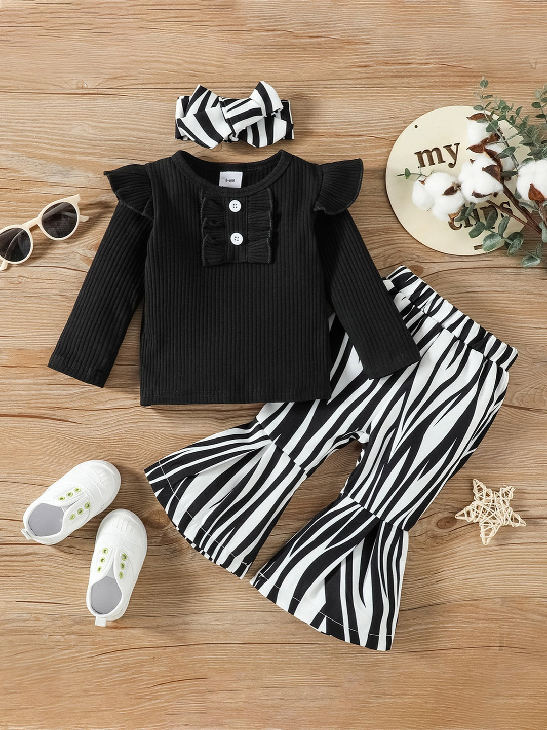 Girls Black Top+Zebra Printed Flared Pants+Headband 3pcs Set Autumn And Winter New