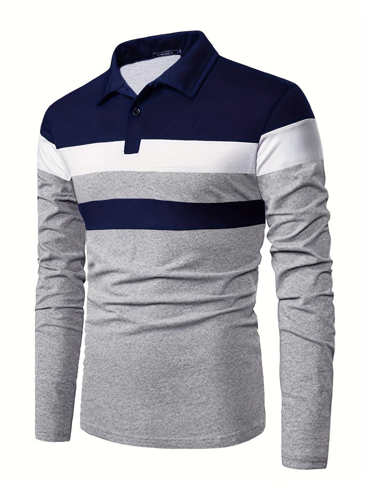 Mature Style Men's Color Block Casual Comfy Long Sleeve Golf Lapel Shirt, Spring Fall
