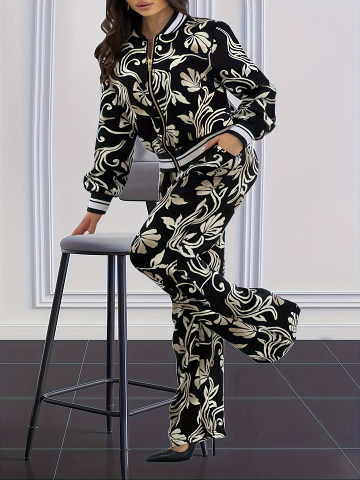 Plus Size Casual Outfits Set, Women's Plus Leaf Print Long Sleeve Zip Up Jacket & Pants Outfits 2 Piece Set
