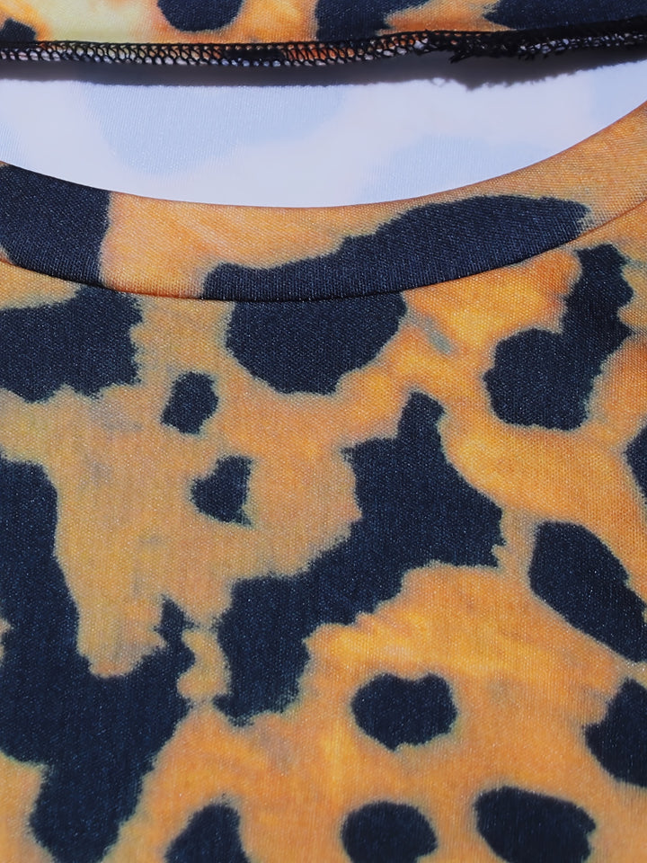 Plus Size Sexy Dress, Women's Plus Leopard Print Long Sleeve Round Neck Maxi Slim Fit Dress