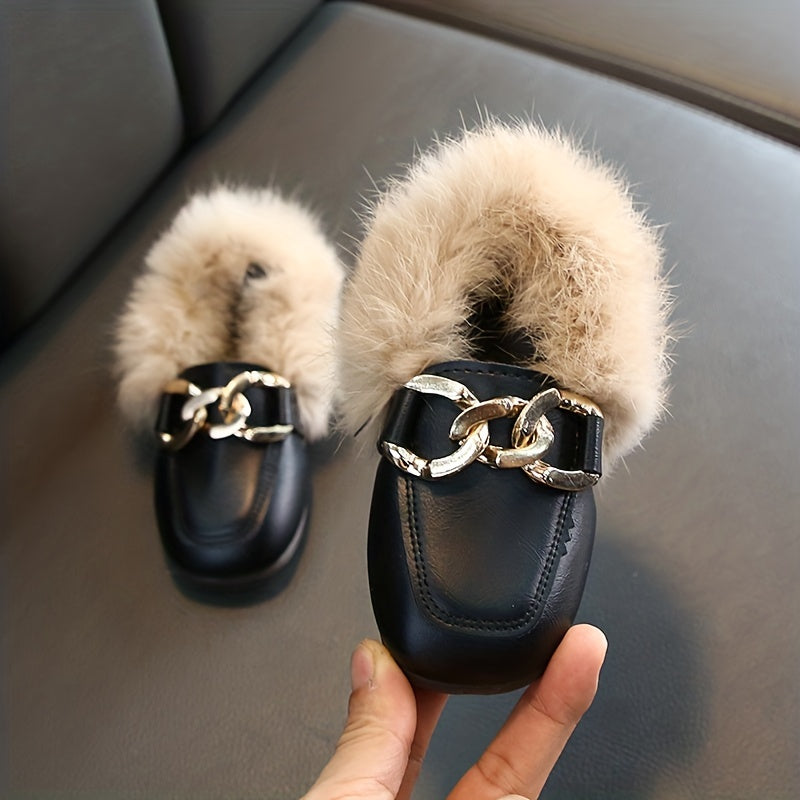 Girl's Furry Loafer Shoes, Solid Trendy Non Slip Soft Sole Thermal Sneakers, Winter & Autumn