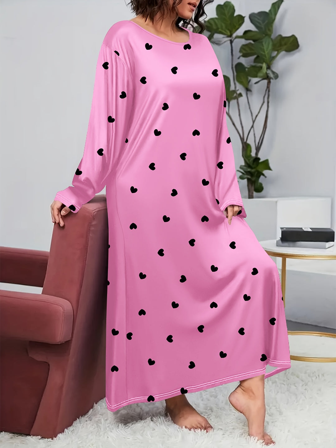 Plus Size Valentine's Day Elegant Nightdress, Women's Plus Heart Print Long Sleeve Round Neck Sleep Dress