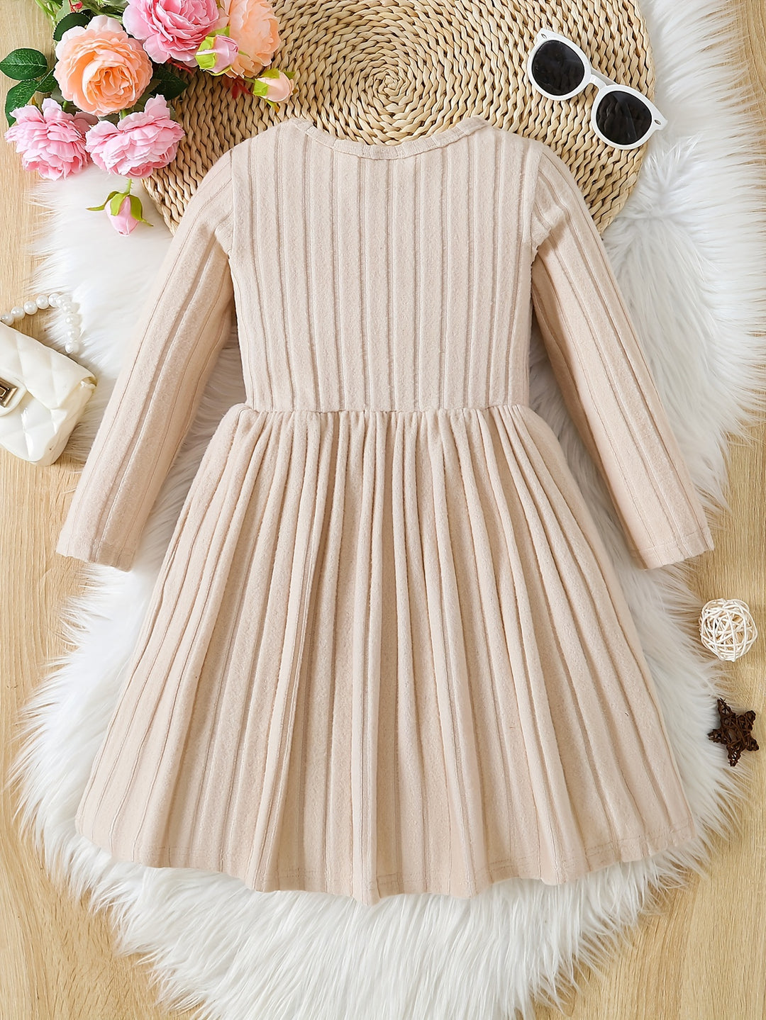 Girls Solid Color Dress Simple And Versatile Round Neck Long Sleeve Dress