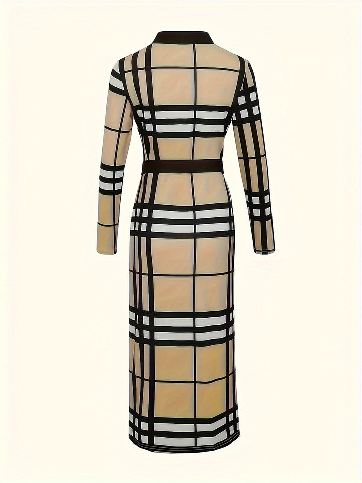 Plus Size Elegant Dress, Women's Plus Plaid Print Long Sleeve V Neck Bodycon Midi Dress