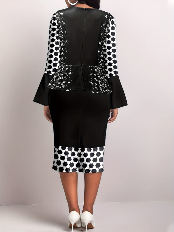 Women's Casual Dress, Plus Size Colorblock Geometric Print Split Bell Sleeve Round Neck Slim Fit Dress