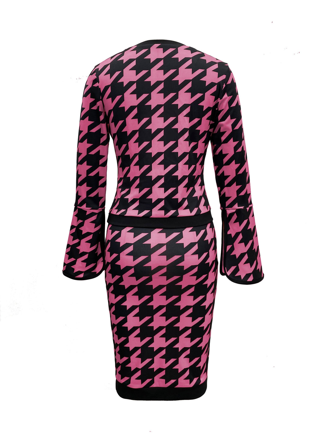 Houndstooth Print Casual Two-piece Set, Crew Neck Split Long Sleeve Tops & Bag Hip Skirts Outfits, Women's Clothing