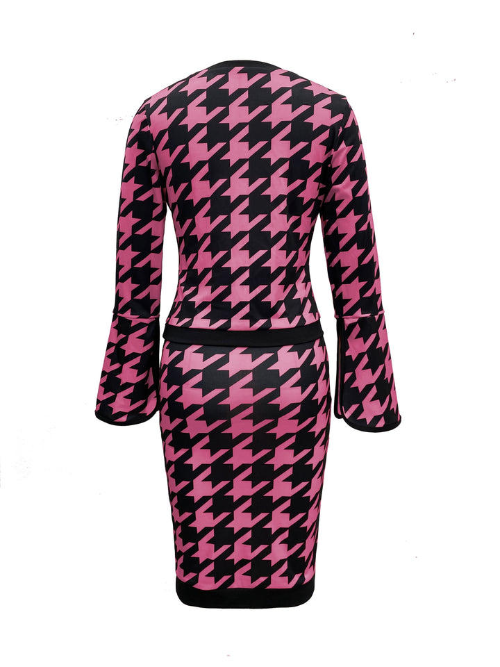Houndstooth Print Casual Two-piece Set, Crew Neck Split Long Sleeve Tops & Bag Hip Skirts Outfits, Women's Clothing