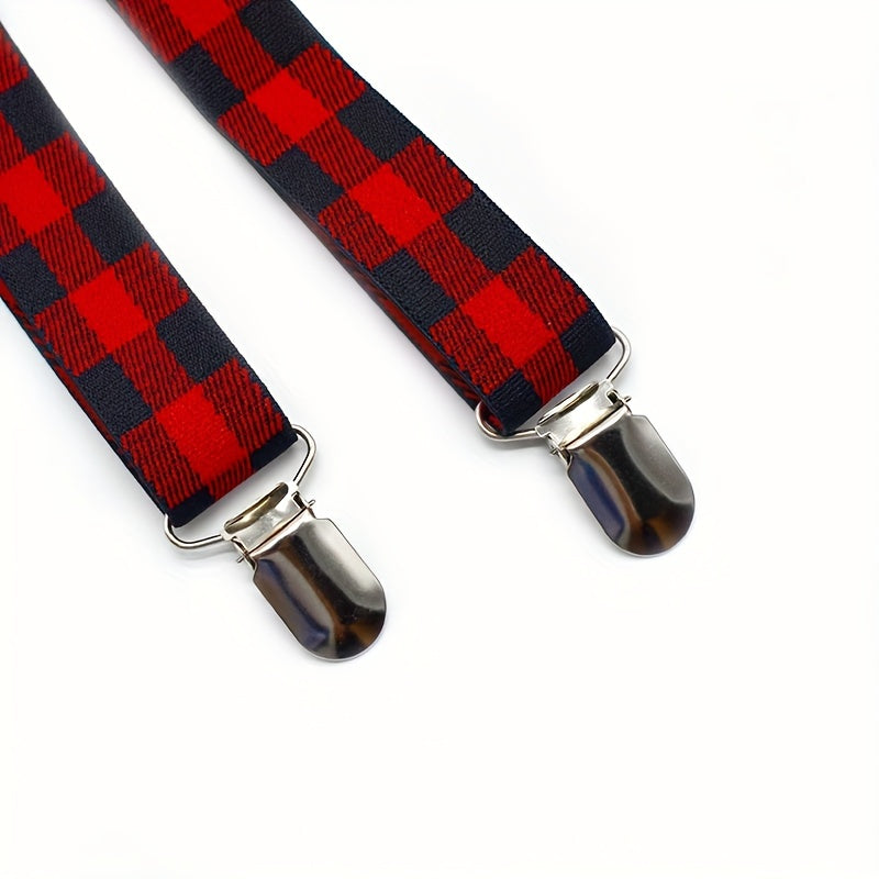 Men's Retro Plaid Suspenders And Bow Tie Set, Adjustable Plaid Suspender, Clothing Accessories, Christmas Party Gifts