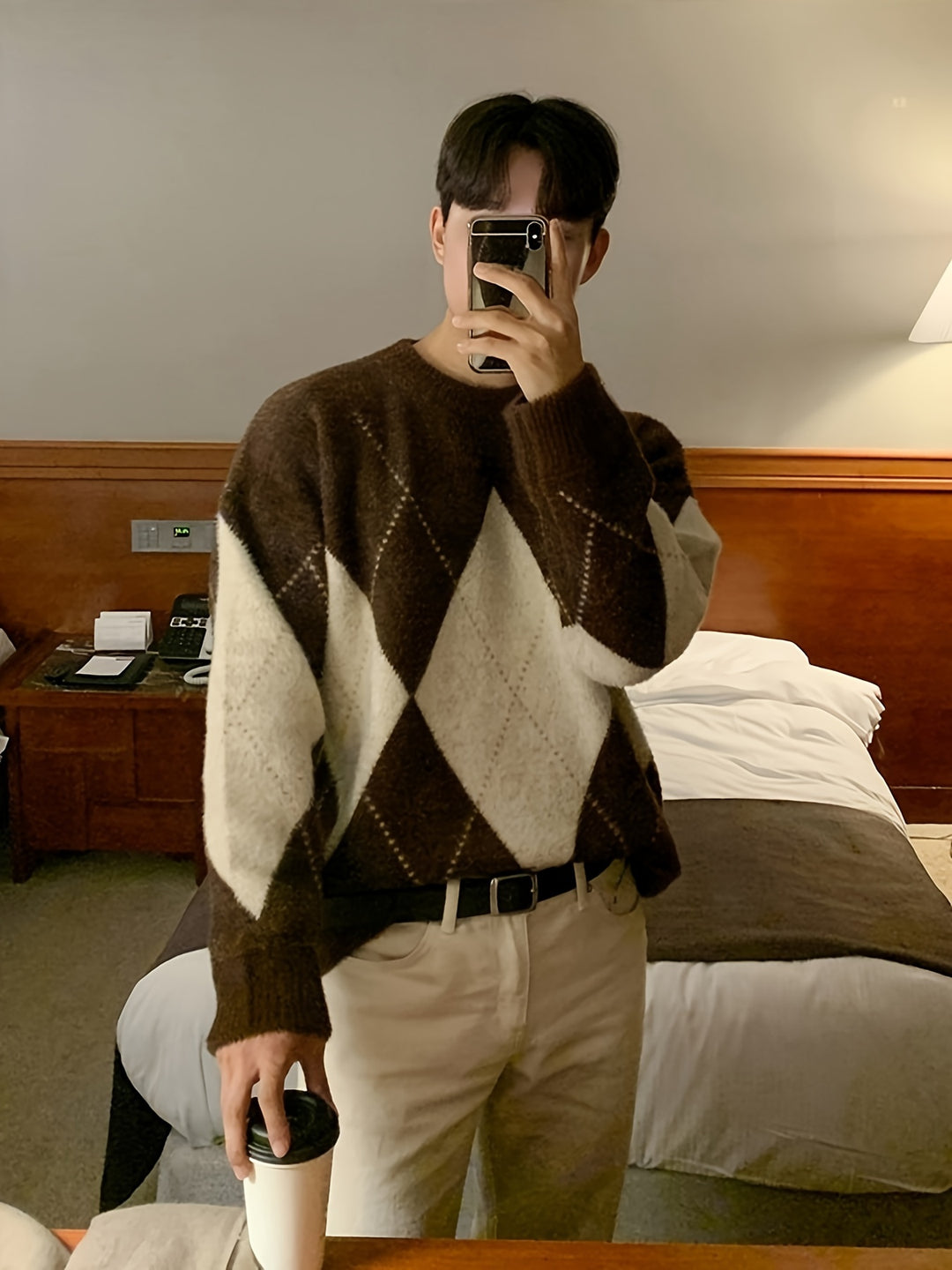 Men's Trendy Argyle Pattern Sweater, Casual High Stretch Breathable Loose Fit Pullover Top For Fall Winter