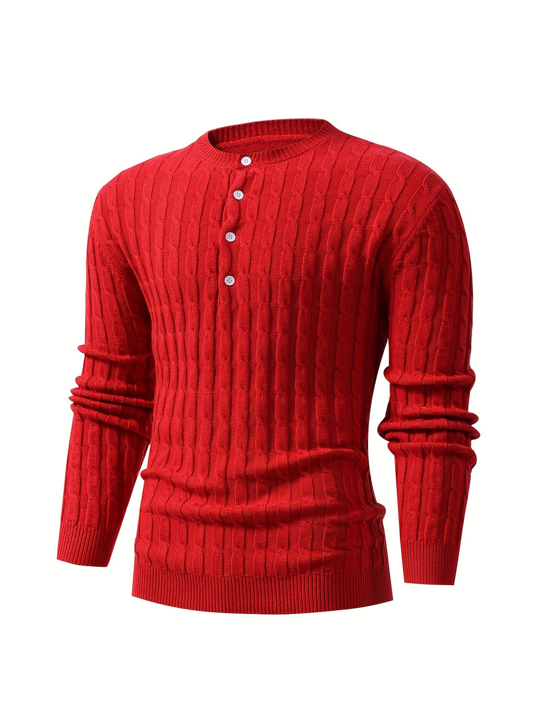 Men's Stylish Solid Knitted Pullover, Casual Breathable Long Sleeve Button Up Crew Neck Top For City Walk Street Hanging Outdoor Activities