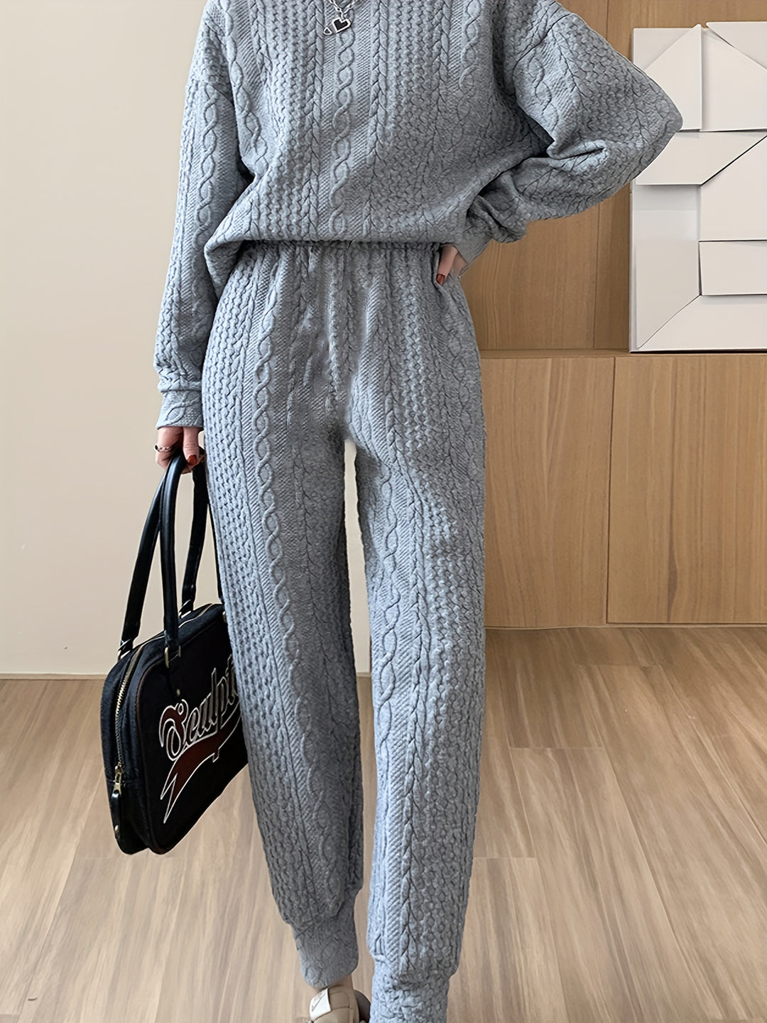 Textured Two-piece Set, Casual Long Sleeve Sweatshirt & Dual Pockets Pants Outfits, Women's Clothing